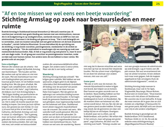 Stuk Stichting Armslag in Regiomagazine - Stichting Armslag Stadskanaal